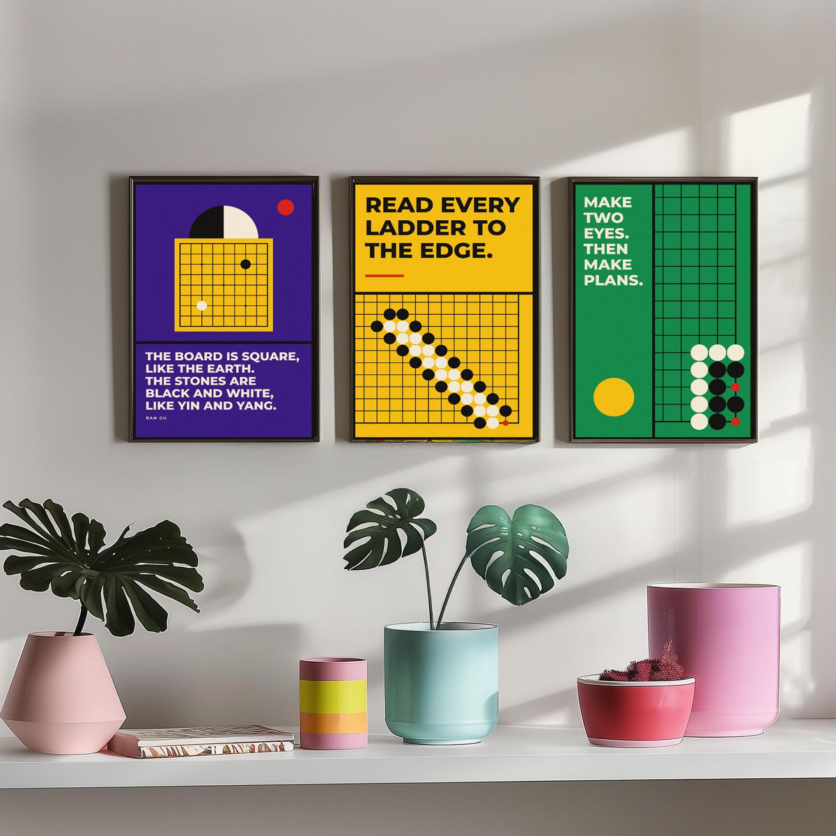 Go Board Game Quotes Set of Three Art Prints - 3 Bauhaus Baduk Weiqi Posters - Minimalist Game Room Wall Art Illustration V1