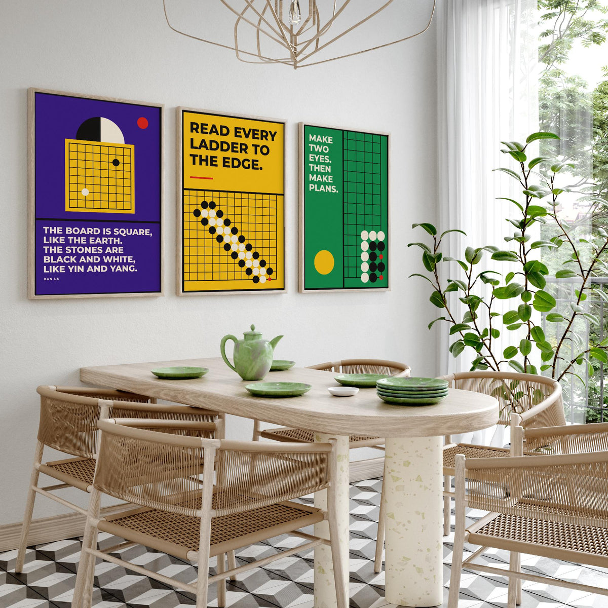 Go Board Game Quotes Set of Three Art Prints - 3 Bauhaus Baduk Weiqi Posters - Minimalist Game Room Wall Art Illustration V1
