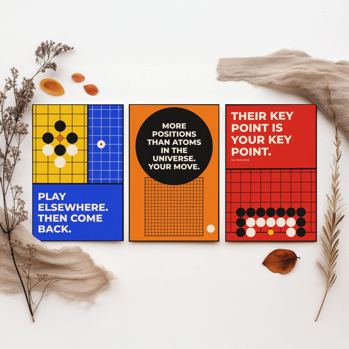 Go Board Game Quotes Set of Three Art Prints - 3 Retro Bauhaus Baduk Weiqi Posters - Minimalist Game Room Wall Art Illustration V2