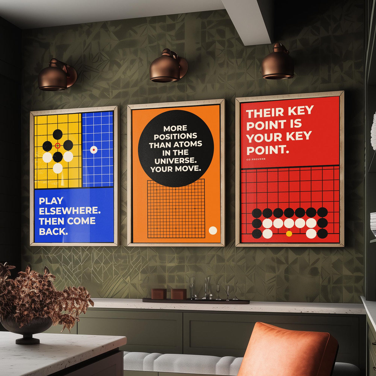 Go Board Game Quotes Set of Three Art Prints - 3 Retro Bauhaus Baduk Weiqi Posters - Minimalist Game Room Wall Art Illustration V2