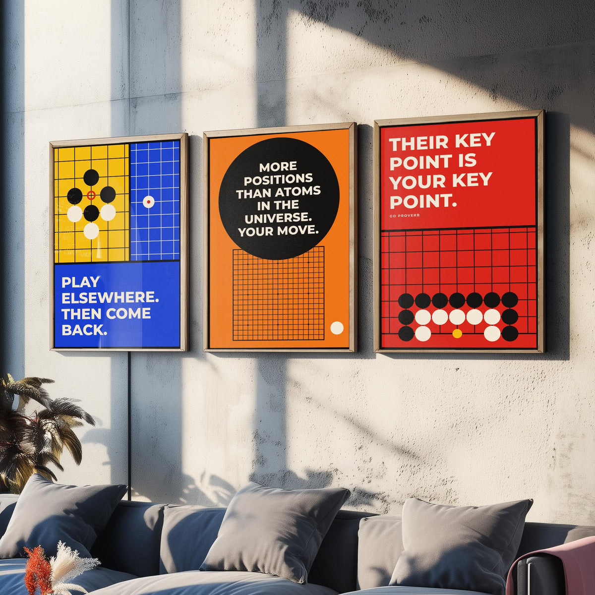 Go Board Game Quotes Set of Three Art Prints - 3 Retro Bauhaus Baduk Weiqi Posters - Minimalist Game Room Wall Art Illustration V2