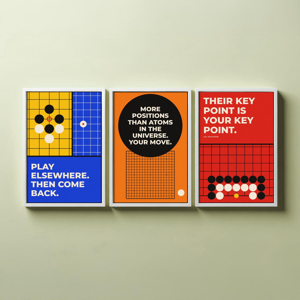 Go Board Game Quotes Set of Three Art Prints - 3 Retro Bauhaus Baduk Weiqi Posters - Minimalist Game Room Wall Art Illustration V2