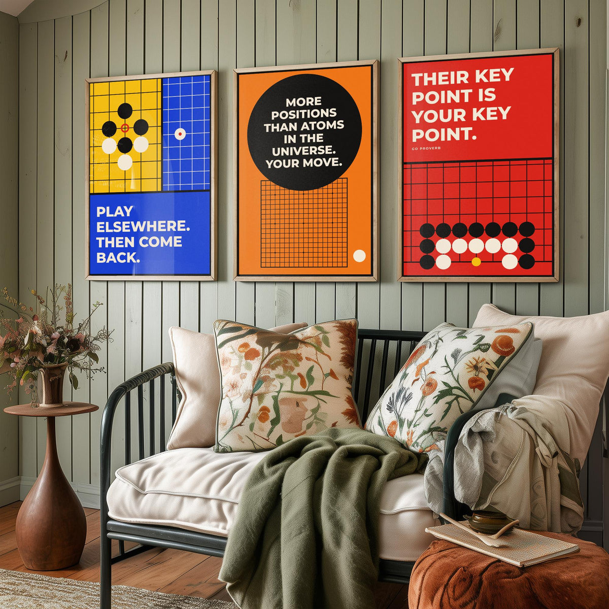 Go Board Game Quotes Set of Three Art Prints - 3 Retro Bauhaus Baduk Weiqi Posters - Minimalist Game Room Wall Art Illustration V2