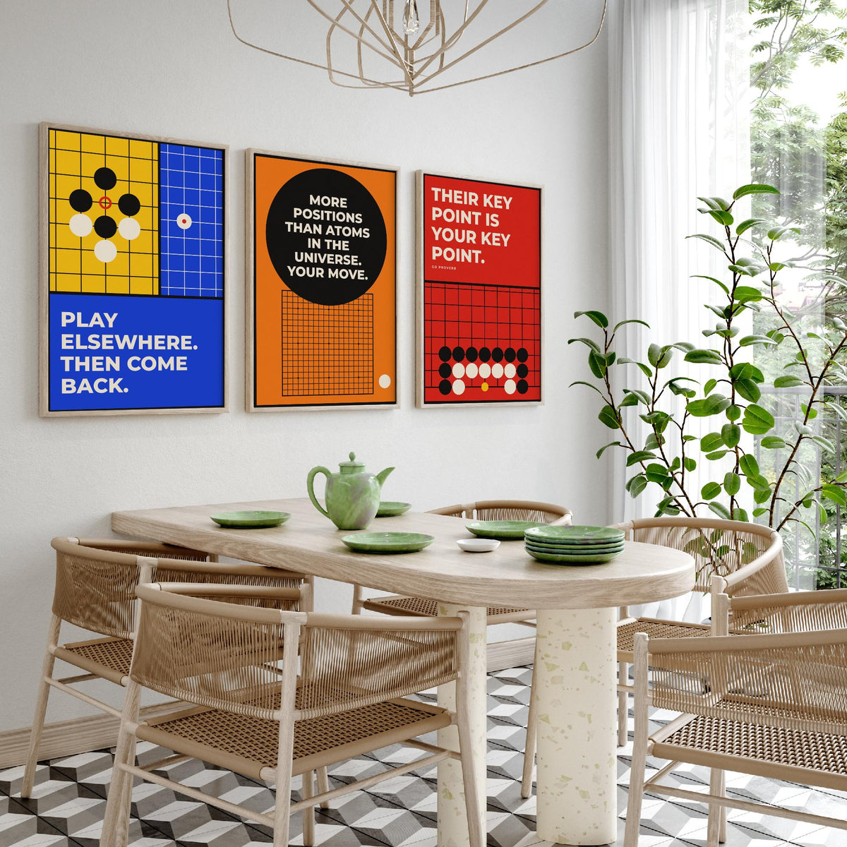 Go Board Game Quotes Set of Three Art Prints - 3 Retro Bauhaus Baduk Weiqi Posters - Minimalist Game Room Wall Art Illustration V2