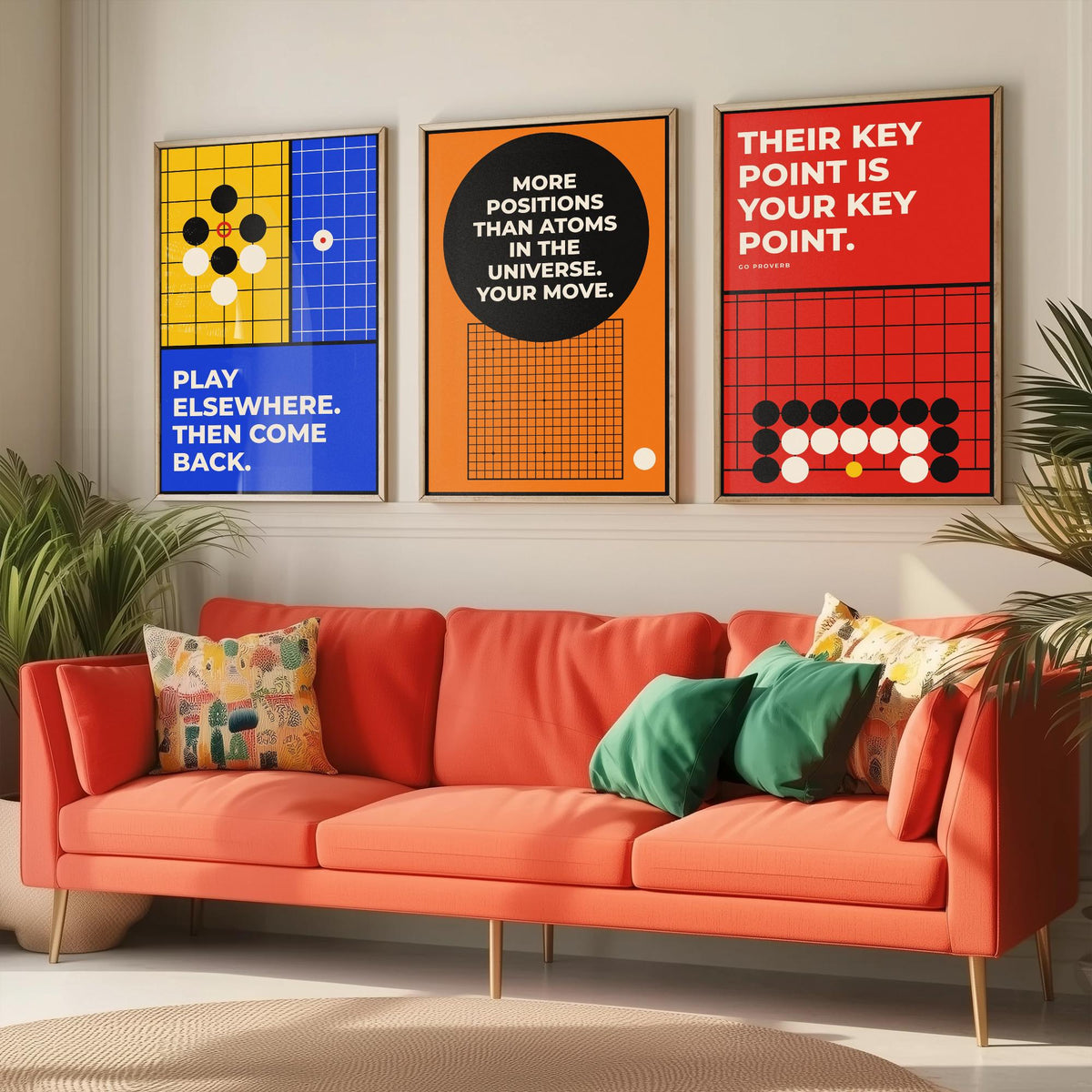 Go Board Game Quotes Set of Three Art Prints - 3 Retro Bauhaus Baduk Weiqi Posters - Minimalist Game Room Wall Art Illustration V2