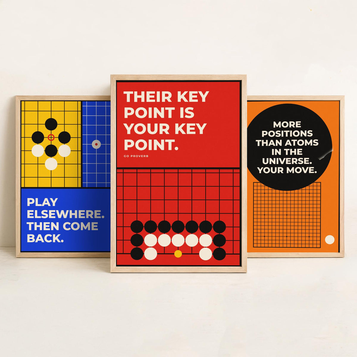 Go Board Game Quotes Set of Three Art Prints - 3 Retro Bauhaus Baduk Weiqi Posters - Minimalist Game Room Wall Art Illustration V2