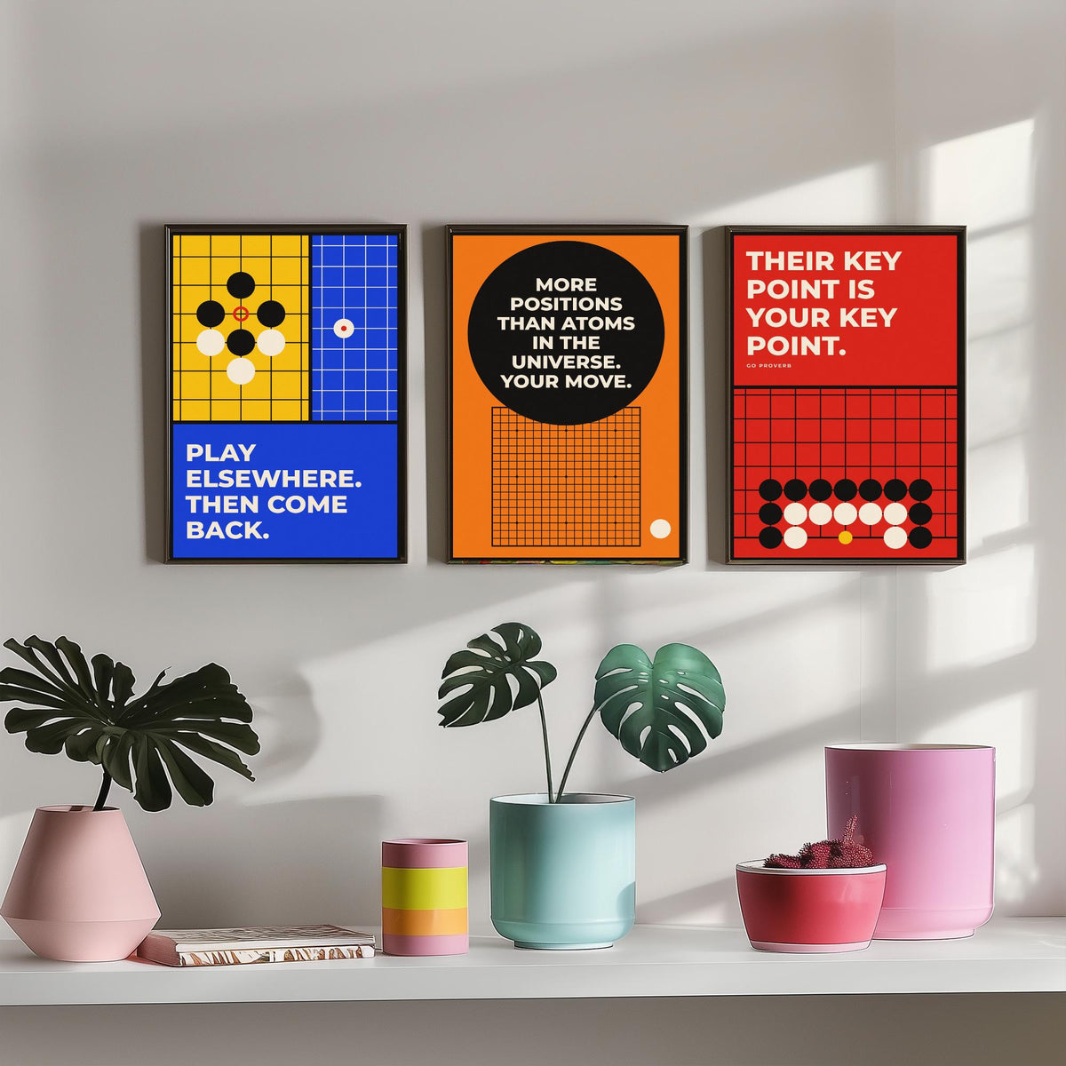 Go Board Game Quotes Set of Three Art Prints - 3 Retro Bauhaus Baduk Weiqi Posters - Minimalist Game Room Wall Art Illustration V2