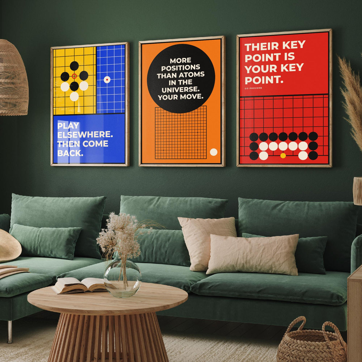 Go Board Game Quotes Set of Three Art Prints - 3 Retro Bauhaus Baduk Weiqi Posters - Minimalist Game Room Wall Art Illustration V2
