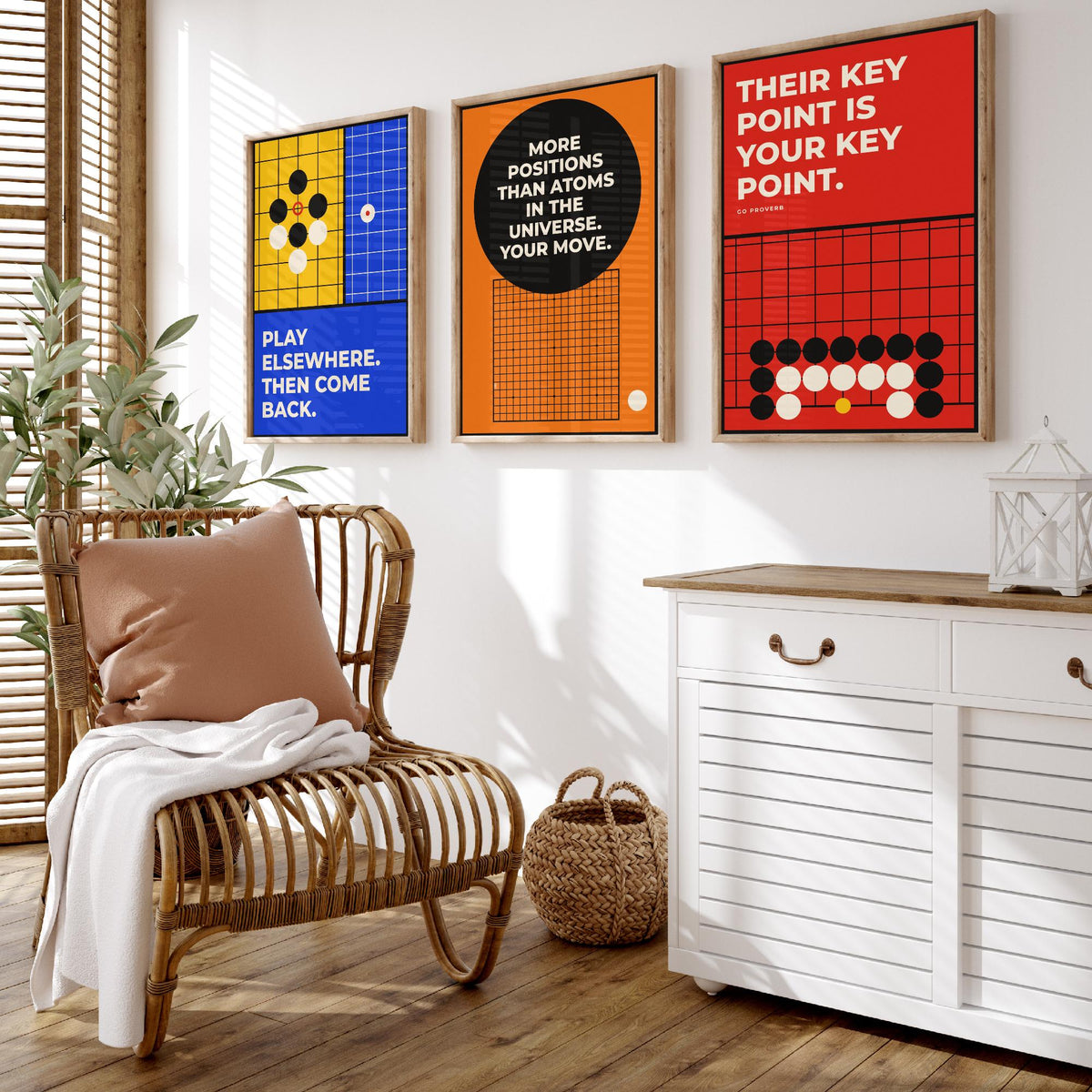 Go Board Game Quotes Set of Three Art Prints - 3 Retro Bauhaus Baduk Weiqi Posters - Minimalist Game Room Wall Art Illustration V2