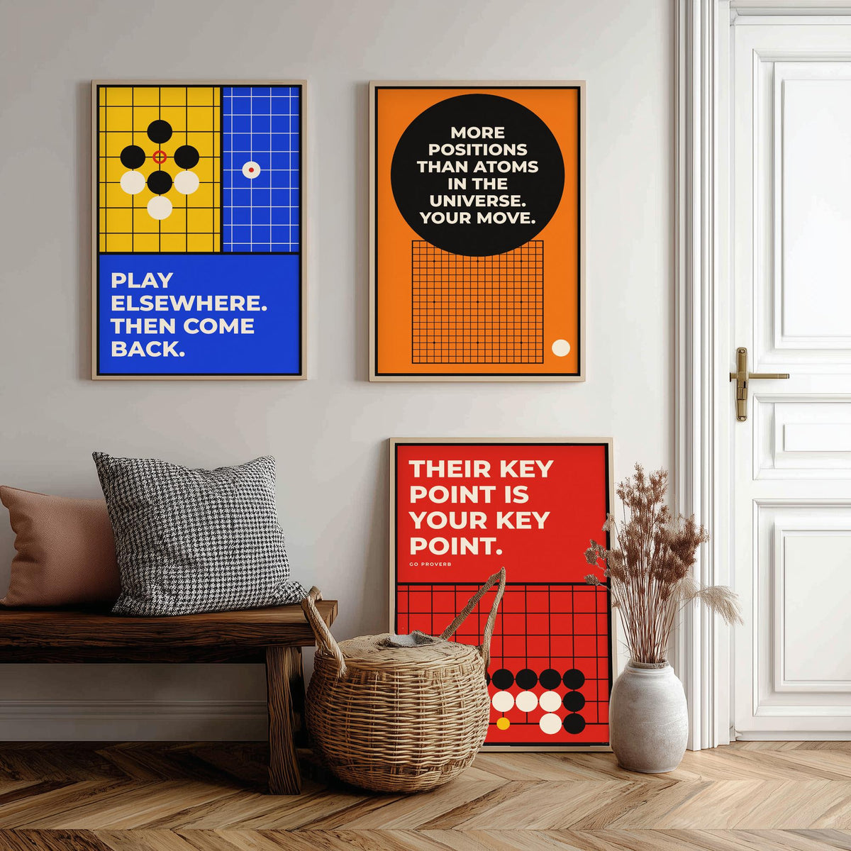 Go Board Game Quotes Set of Three Art Prints - 3 Retro Bauhaus Baduk Weiqi Posters - Minimalist Game Room Wall Art Illustration V2