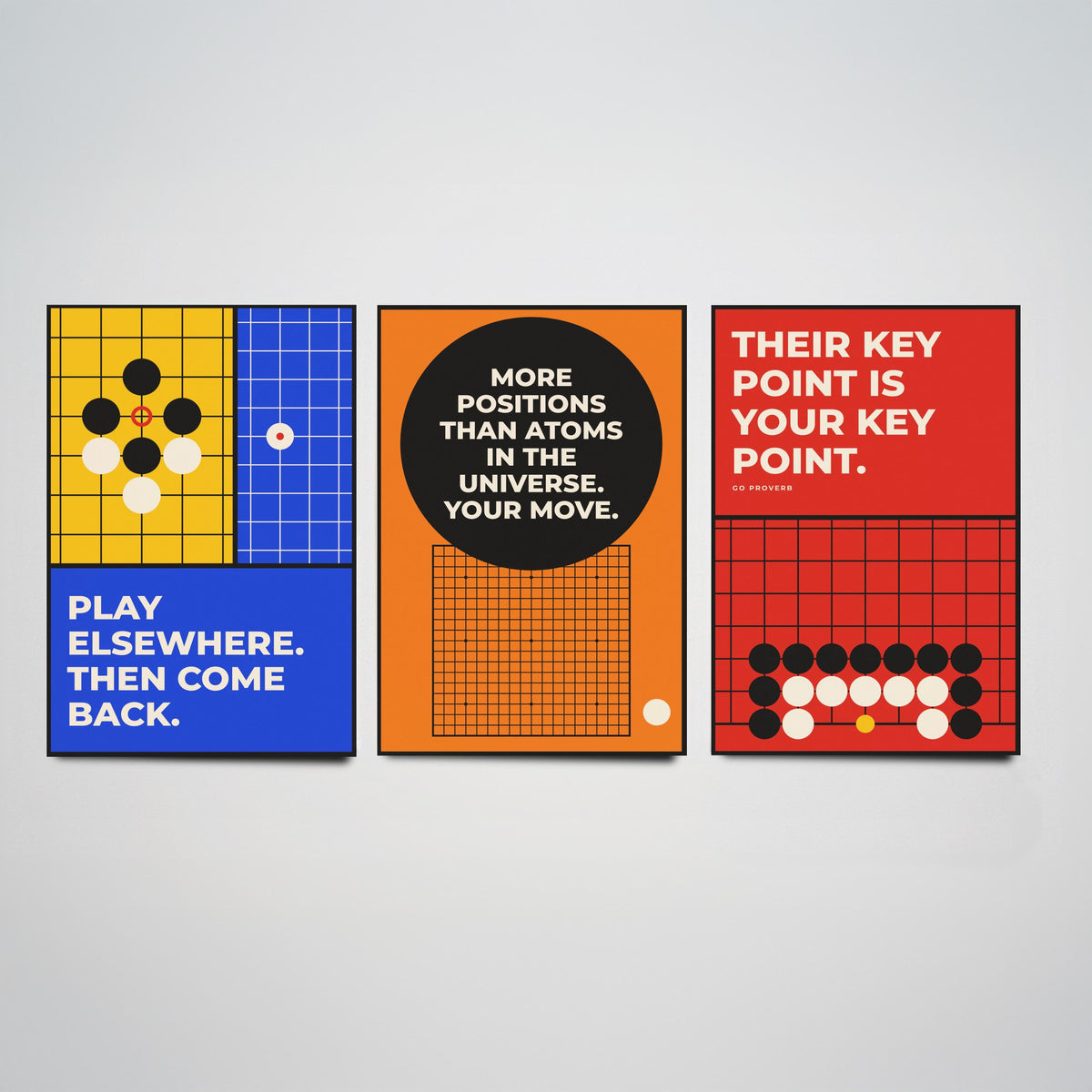 Go Board Game Quotes Set of Three Art Prints - 3 Retro Bauhaus Baduk Weiqi Posters - Minimalist Game Room Wall Art Illustration V2