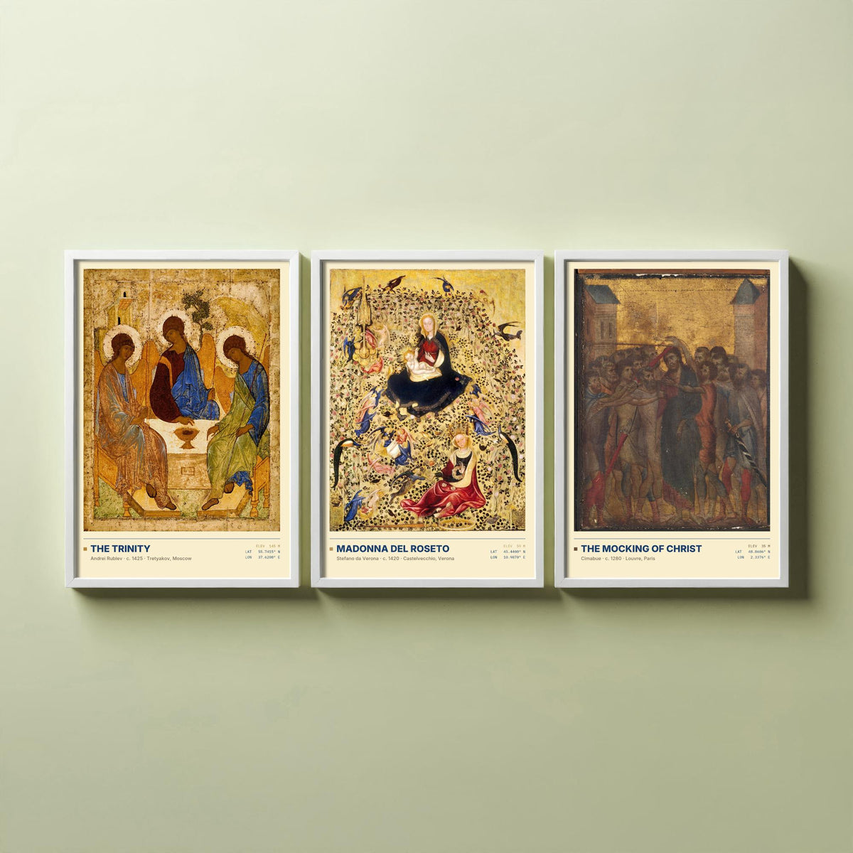 Gold Ground Icon Set of Three Art Prints - The Trinity, Madonna del Roseto, The Mocking of Christ - Rublev Cimabue Early Paintings Posters