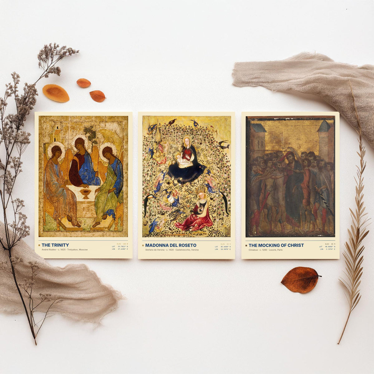 Gold Ground Icon Set of Three Art Prints - The Trinity, Madonna del Roseto, The Mocking of Christ - Rublev Cimabue Early Paintings Posters