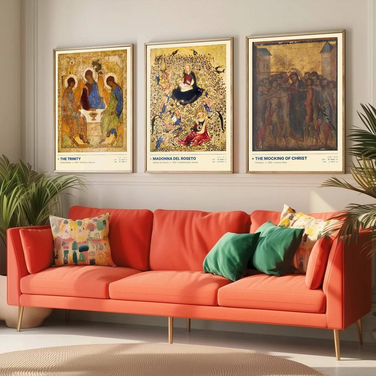 Gold Ground Icon Set of Three Art Prints - The Trinity, Madonna del Roseto, The Mocking of Christ - Rublev Cimabue Early Paintings Posters
