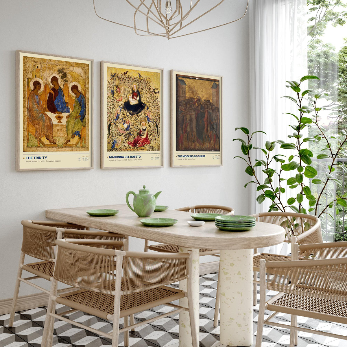 Gold Ground Icon Set of Three Art Prints - The Trinity, Madonna del Roseto, The Mocking of Christ - Rublev Cimabue Early Paintings Posters