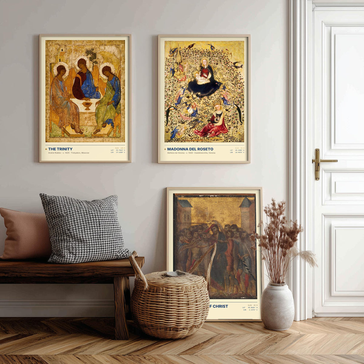 Gold Ground Icon Set of Three Art Prints - The Trinity, Madonna del Roseto, The Mocking of Christ - Rublev Cimabue Early Paintings Posters