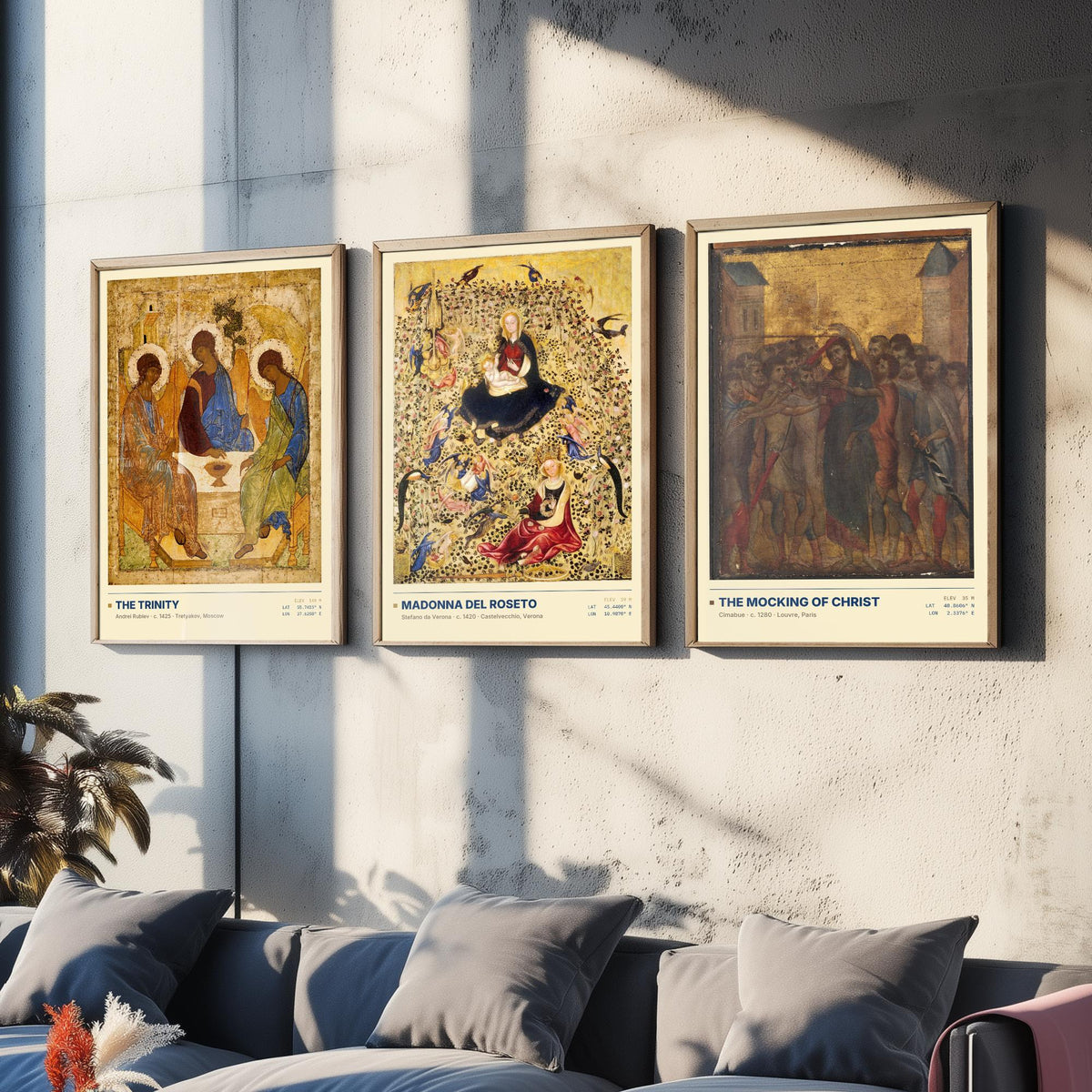 Gold Ground Icon Set of Three Art Prints - The Trinity, Madonna del Roseto, The Mocking of Christ - Rublev Cimabue Early Paintings Posters