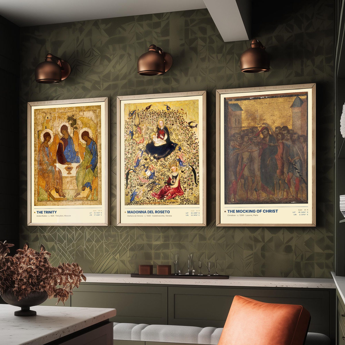 Gold Ground Icon Set of Three Art Prints - The Trinity, Madonna del Roseto, The Mocking of Christ - Rublev Cimabue Early Paintings Posters