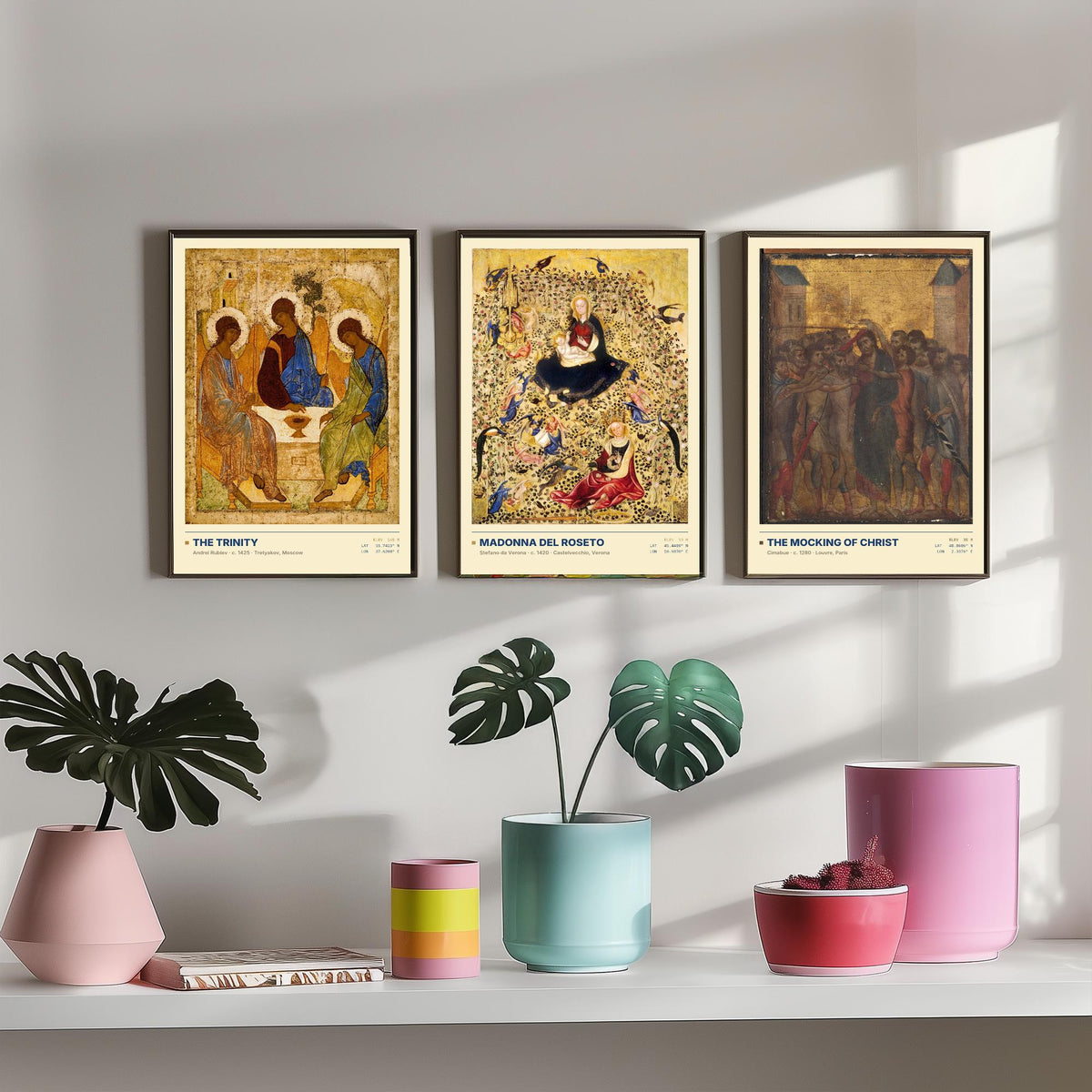 Gold Ground Icon Set of Three Art Prints - The Trinity, Madonna del Roseto, The Mocking of Christ - Rublev Cimabue Early Paintings Posters