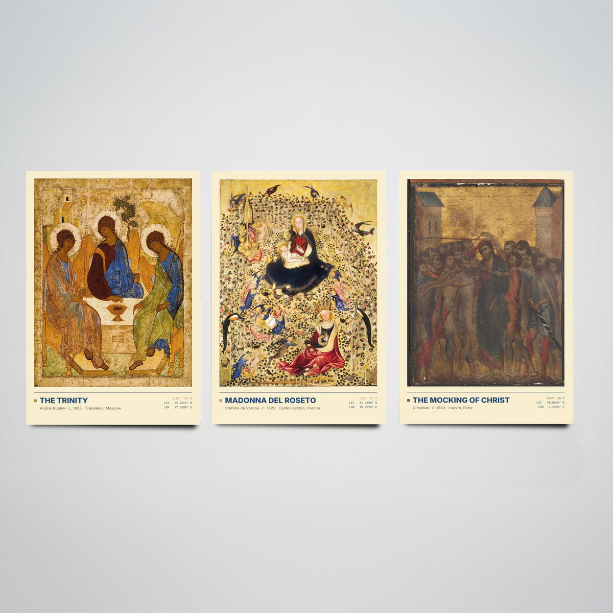 Gold Ground Icon Set of Three Art Prints - The Trinity, Madonna del Roseto, The Mocking of Christ - Rublev Cimabue Early Paintings Posters