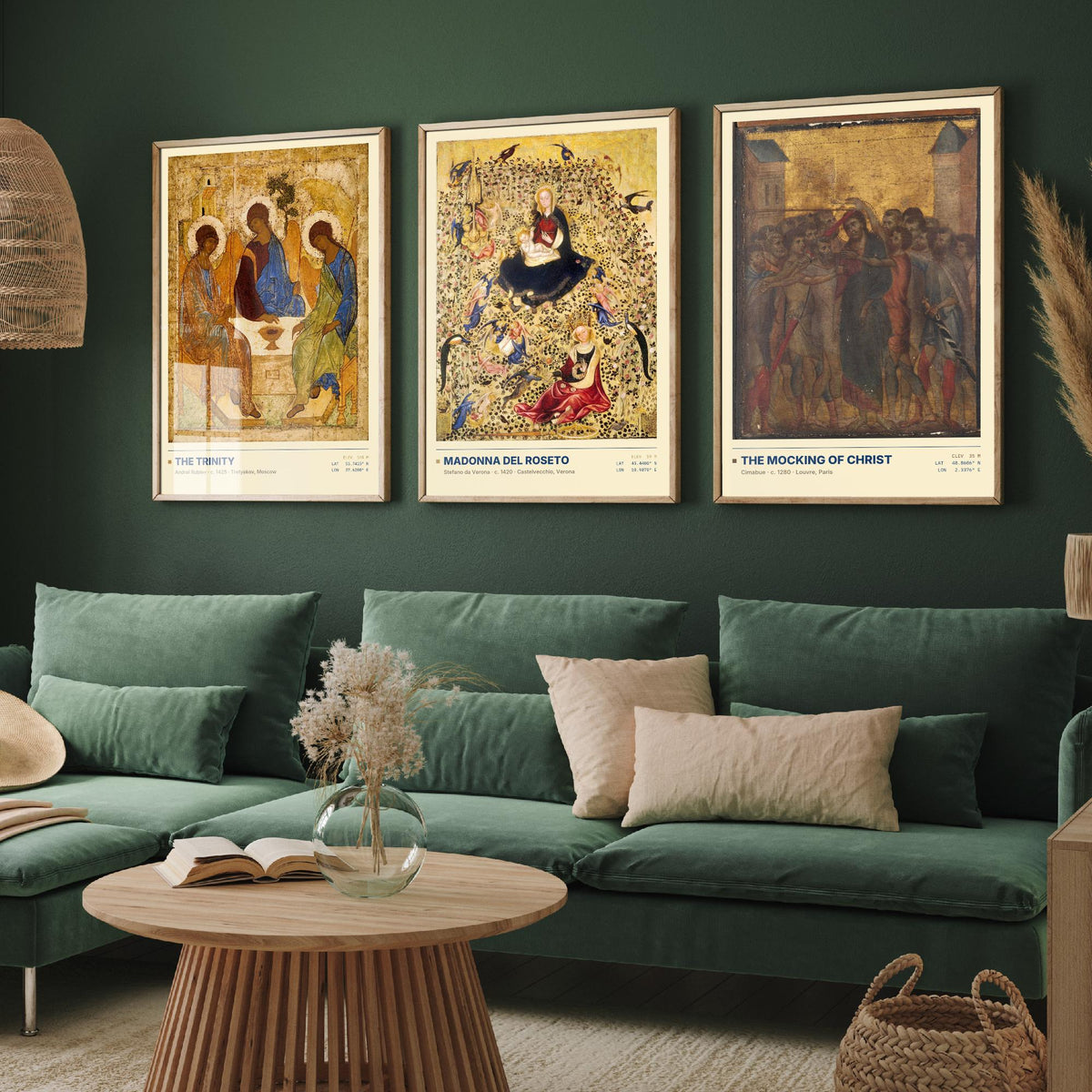Gold Ground Icon Set of Three Art Prints - The Trinity, Madonna del Roseto, The Mocking of Christ - Rublev Cimabue Early Paintings Posters