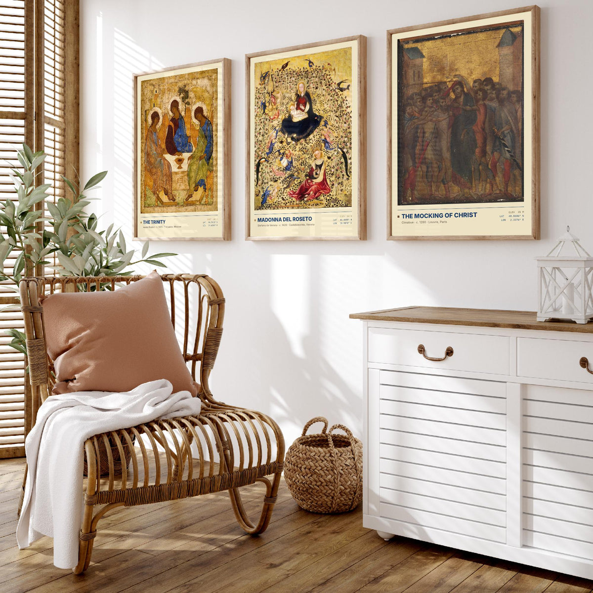 Gold Ground Icon Set of Three Art Prints - The Trinity, Madonna del Roseto, The Mocking of Christ - Rublev Cimabue Early Paintings Posters