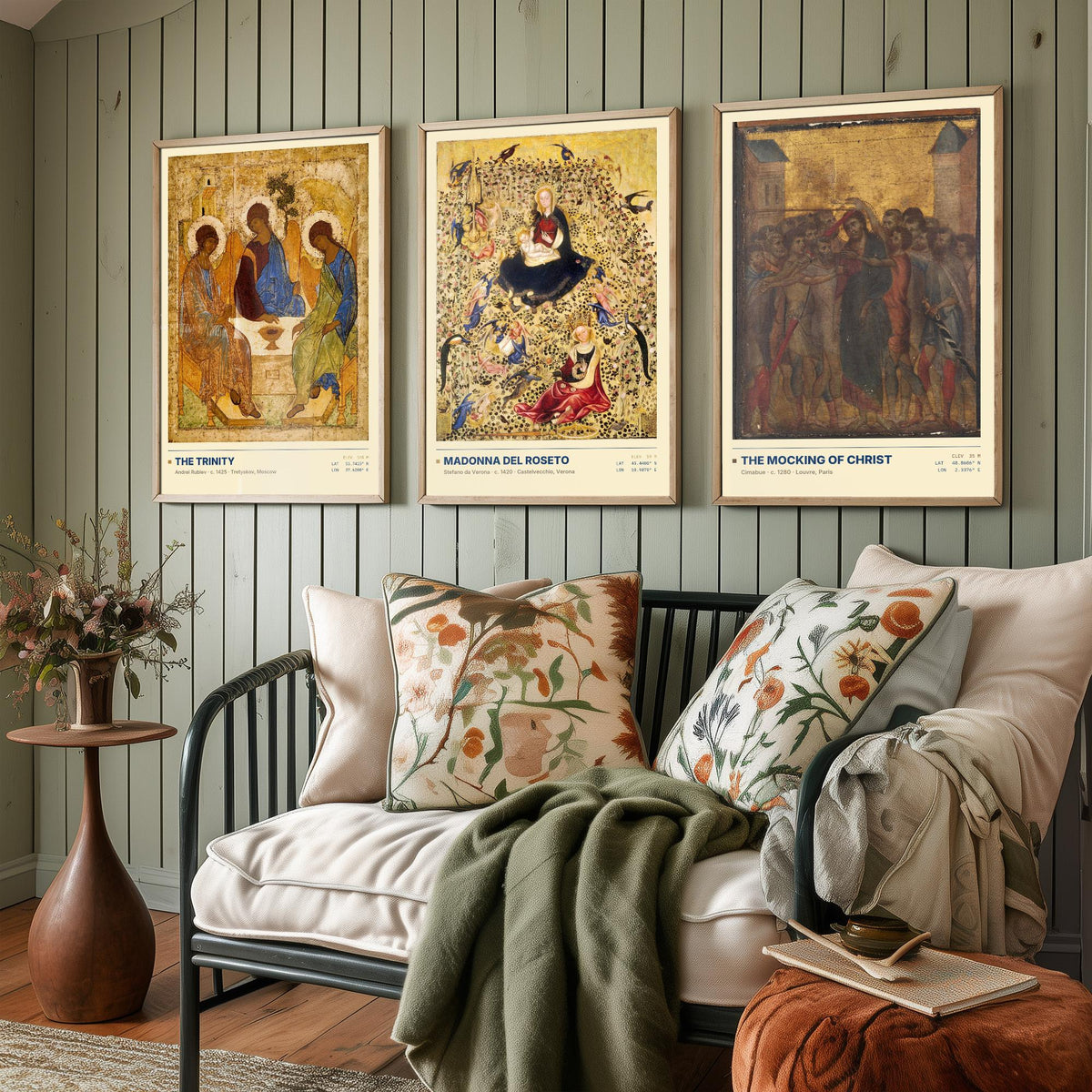 Gold Ground Icon Set of Three Art Prints - The Trinity, Madonna del Roseto, The Mocking of Christ - Rublev Cimabue Early Paintings Posters