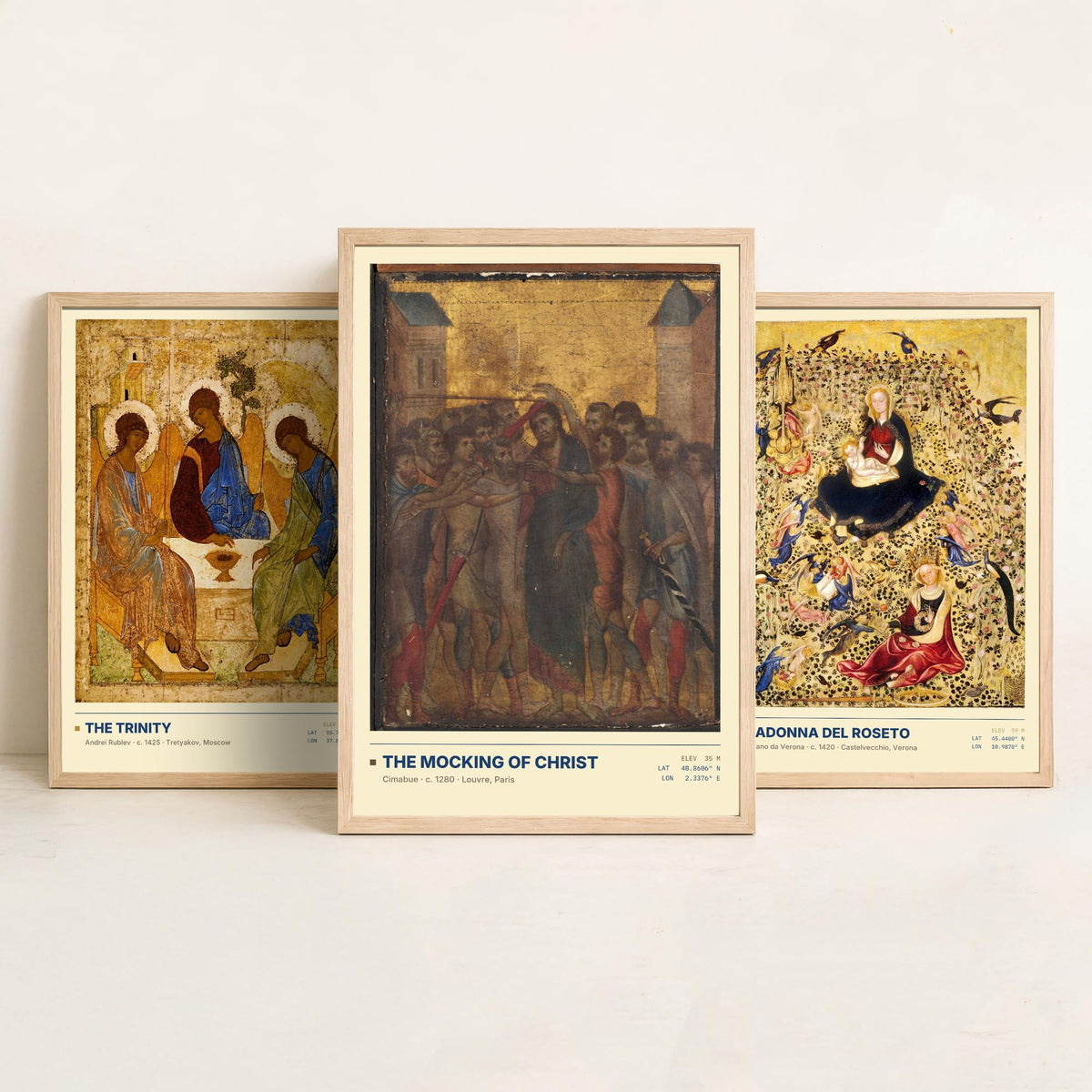 Gold Ground Icon Set of Three Art Prints - The Trinity, Madonna del Roseto, The Mocking of Christ - Rublev Cimabue Early Paintings Posters