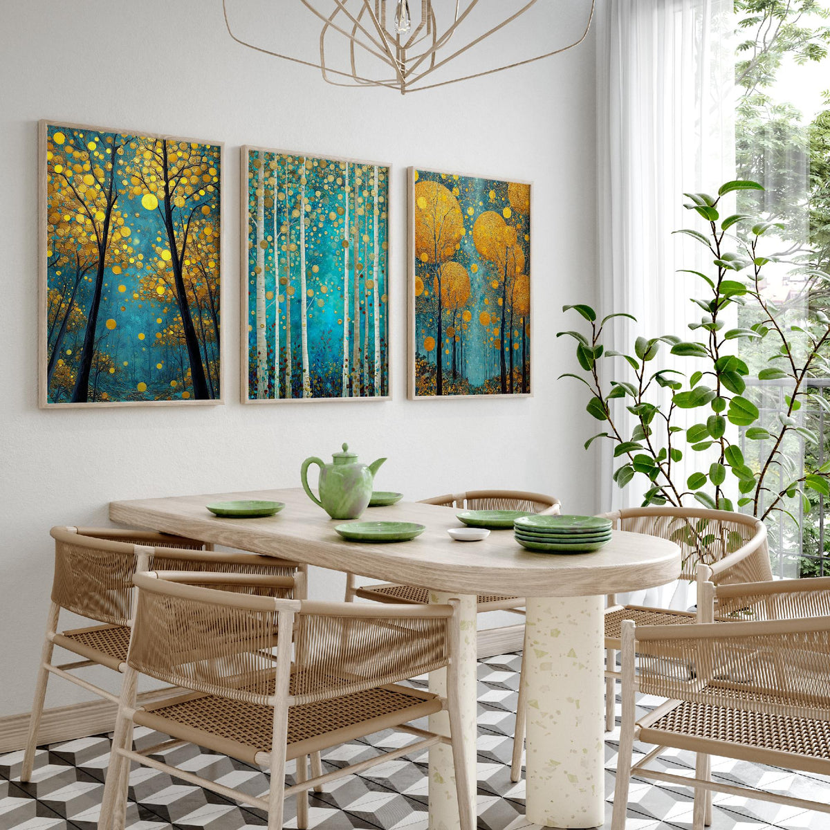 Golden Blue Trees Set of Three Art Prints - 3 Birch Forest Posters - Gold Teal Painting Wall Art Gift Nature Botanical Luminous