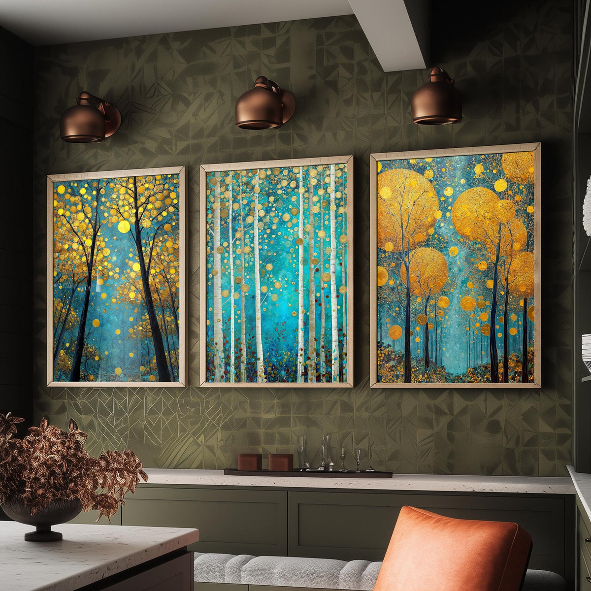 Golden Blue Trees Set of Three Art Prints - 3 Birch Forest Posters - Gold Teal Painting Wall Art Gift Nature Botanical Luminous