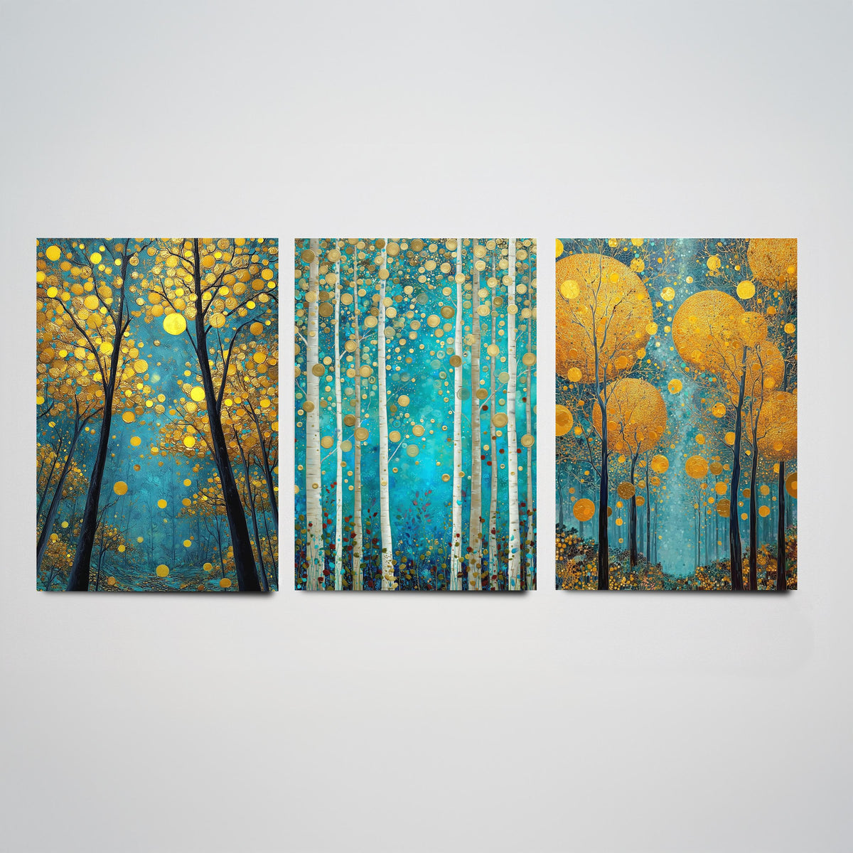 Golden Blue Trees Set of Three Art Prints - 3 Birch Forest Posters - Gold Teal Painting Wall Art Gift Nature Botanical Luminous