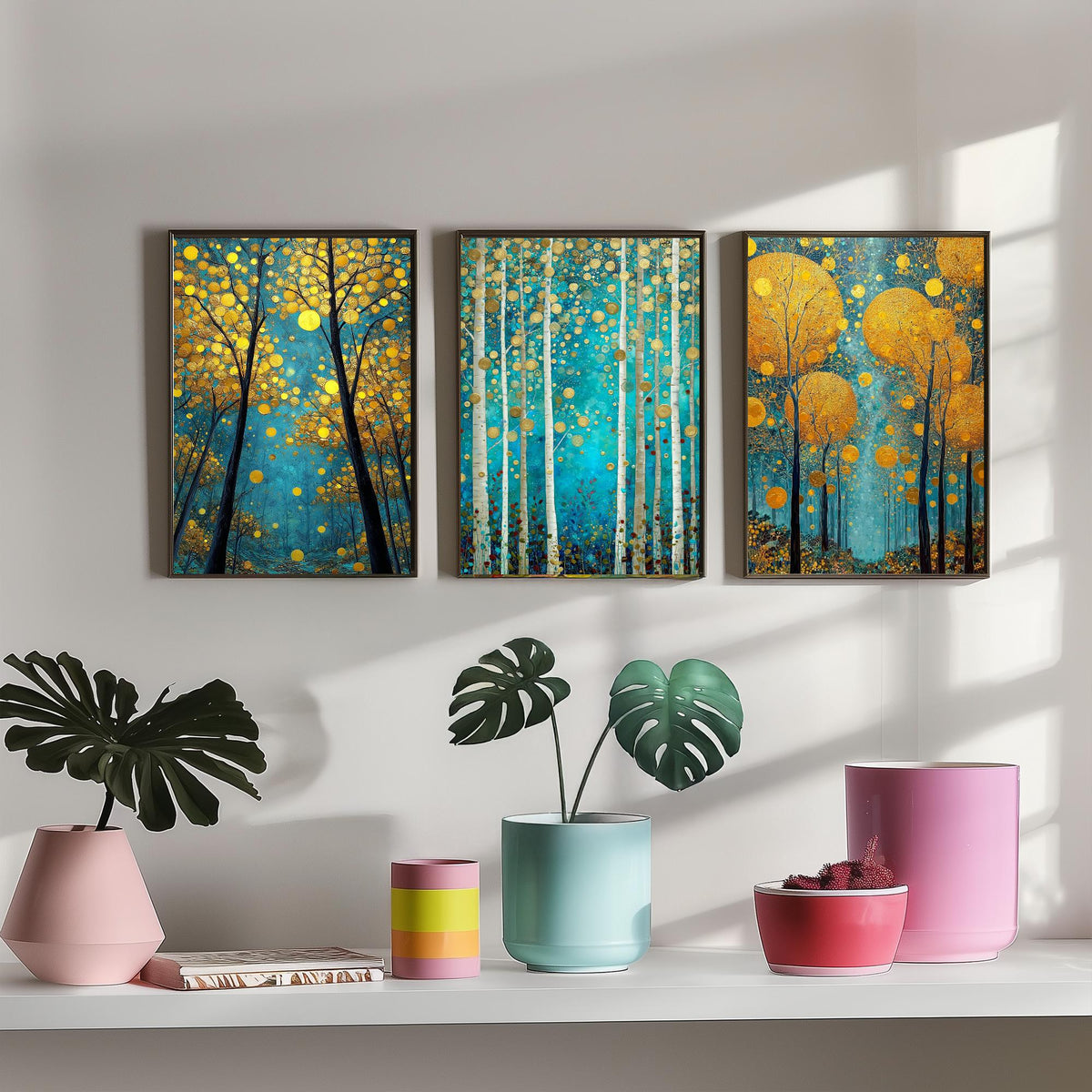 Golden Blue Trees Set of Three Art Prints - 3 Birch Forest Posters - Gold Teal Painting Wall Art Gift Nature Botanical Luminous