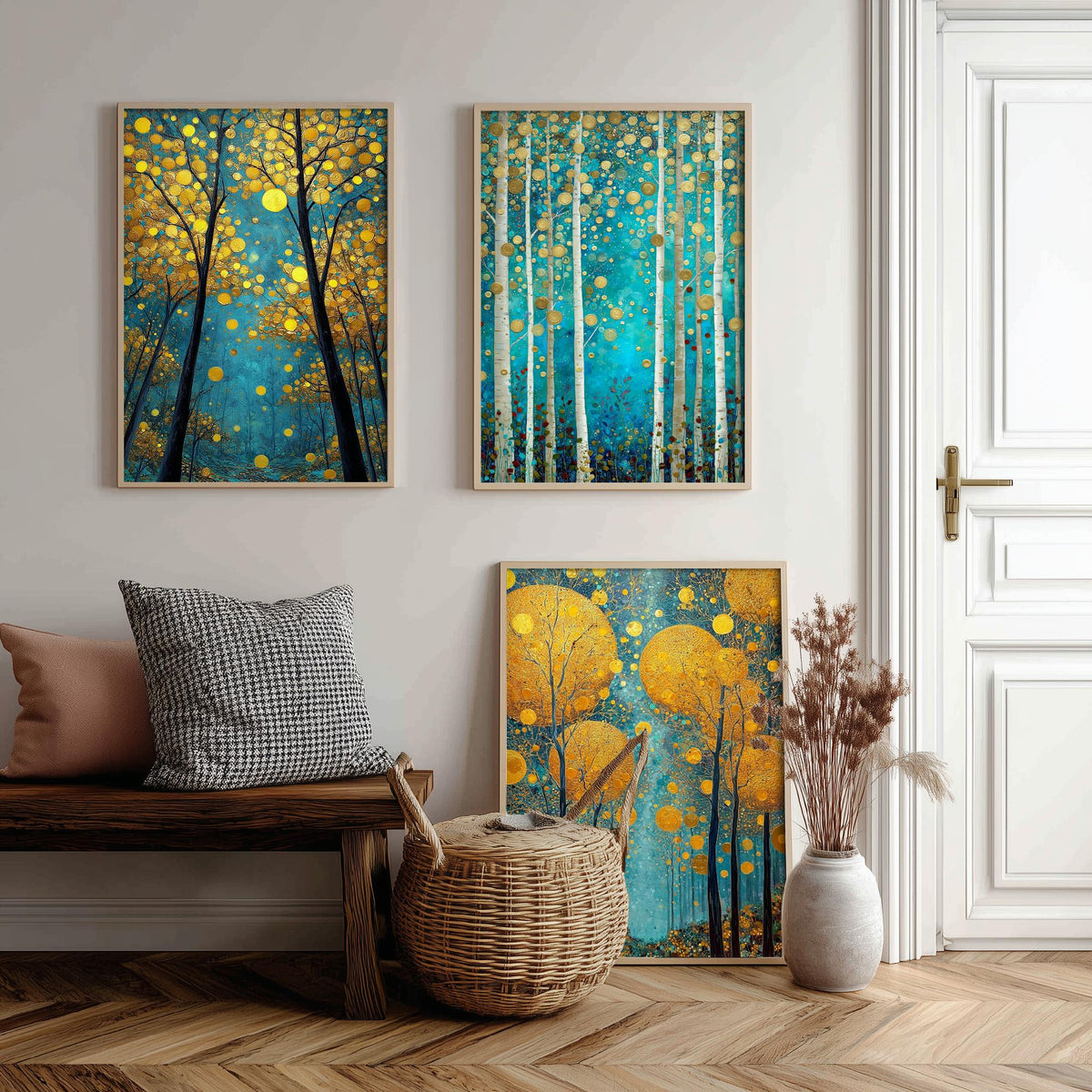 Golden Blue Trees Set of Three Art Prints - 3 Birch Forest Posters - Gold Teal Painting Wall Art Gift Nature Botanical Luminous