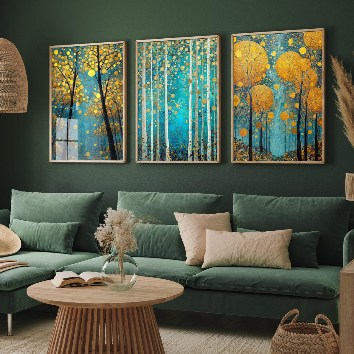 Golden Blue Trees Set of Three Art Prints - 3 Birch Forest Posters - Gold Teal Painting Wall Art Gift Nature Botanical Luminous