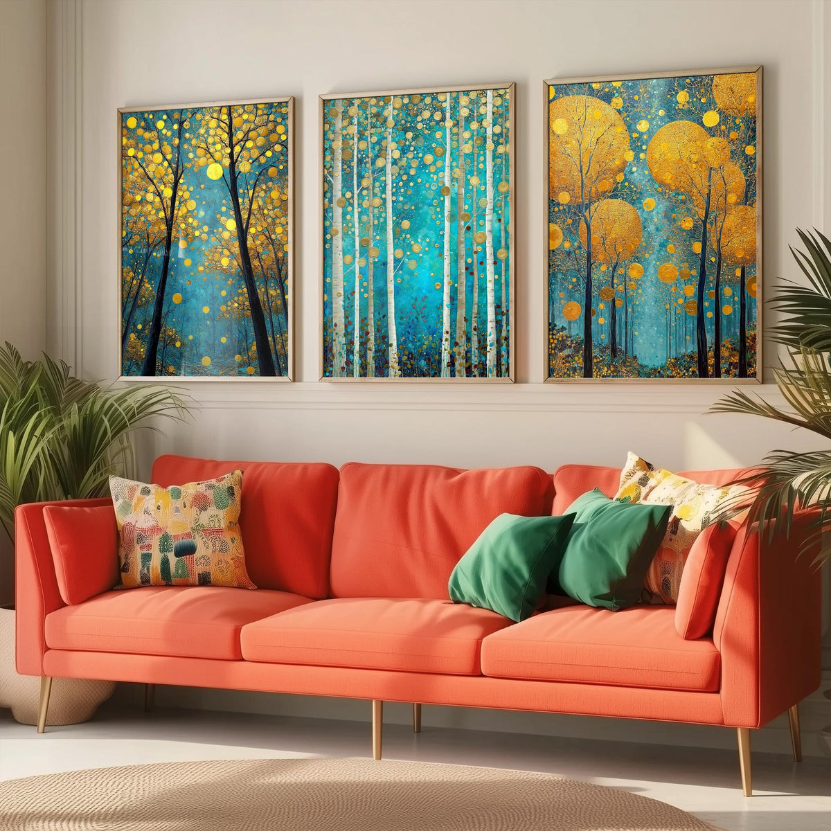 Golden Blue Trees Set of Three Art Prints - 3 Birch Forest Posters - Gold Teal Painting Wall Art Gift Nature Botanical Luminous