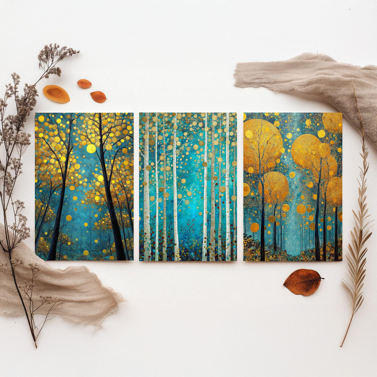 Golden Blue Trees Set of Three Art Prints - 3 Birch Forest Posters - Gold Teal Painting Wall Art Gift Nature Botanical Luminous