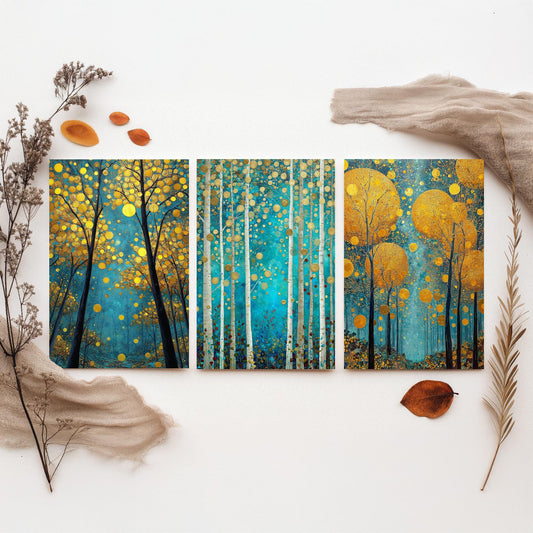 Golden Blue Trees Set of Three Art Prints - 3 Birch Forest Posters - Gold Teal Painting Wall Art Gift Nature Botanical Luminous