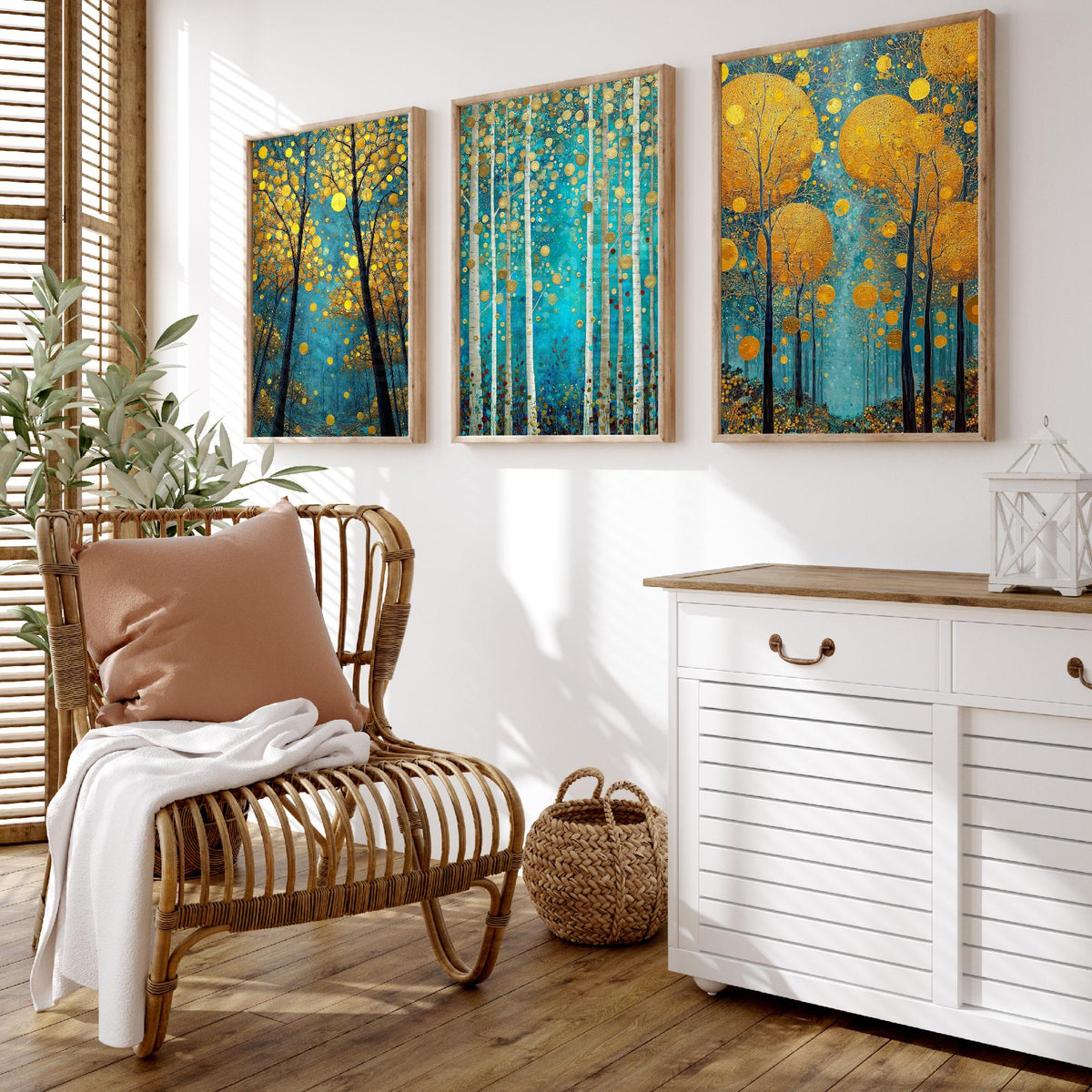 Golden Blue Trees Set of Three Art Prints - 3 Birch Forest Posters - Gold Teal Painting Wall Art Gift Nature Botanical Luminous