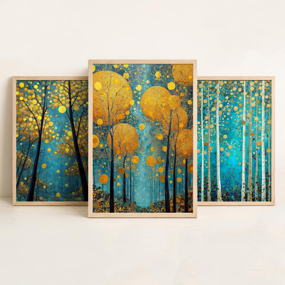 Golden Blue Trees Set of Three Art Prints - 3 Birch Forest Posters - Gold Teal Painting Wall Art Gift Nature Botanical Luminous
