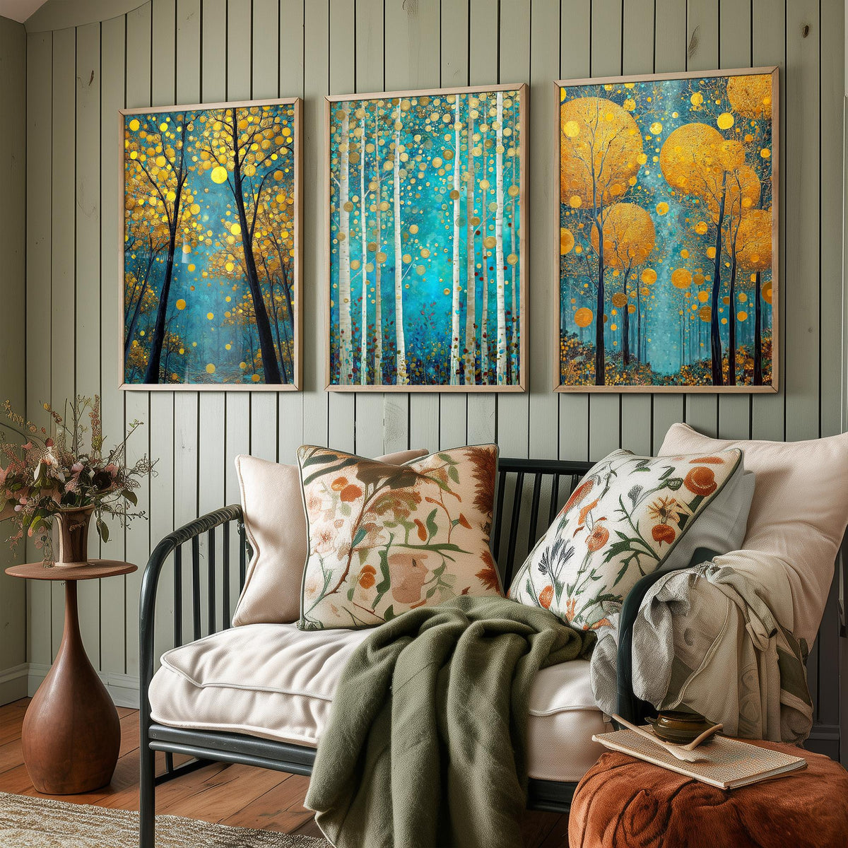 Golden Blue Trees Set of Three Art Prints - 3 Birch Forest Posters - Gold Teal Painting Wall Art Gift Nature Botanical Luminous