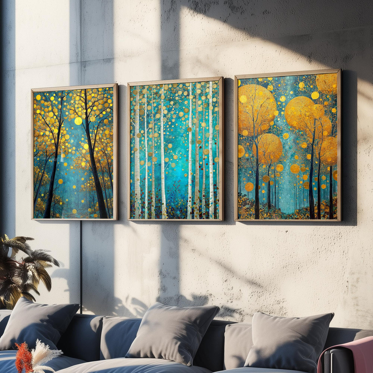 Golden Blue Trees Set of Three Art Prints - 3 Birch Forest Posters - Gold Teal Painting Wall Art Gift Nature Botanical Luminous
