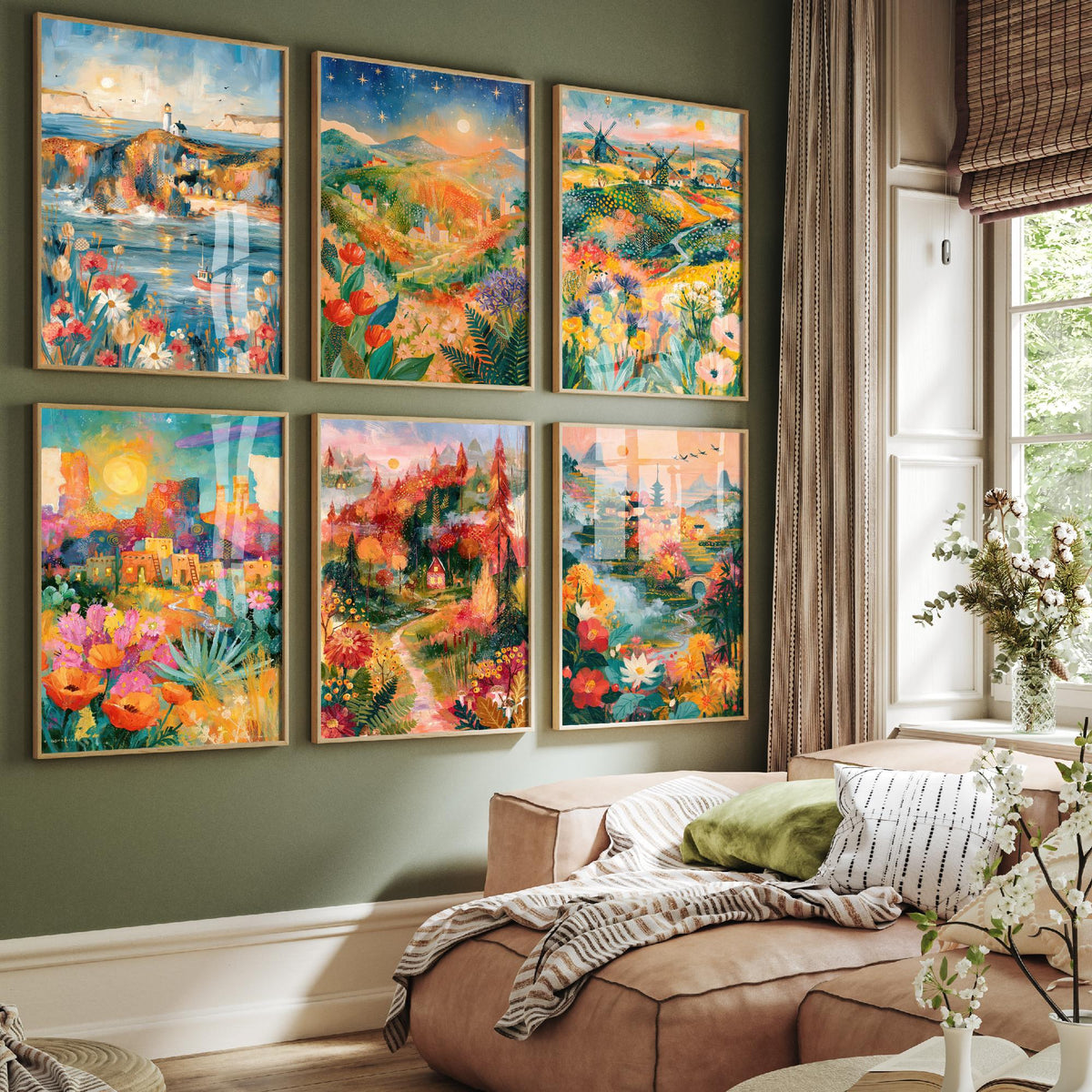 Set of Six Golden Hour Travel Paintings - 6 Folk Art Prints - Cornwall, Tuscany, Norfolk, Sedona, Vermont, Kyoto - Sunset Landscape Poster