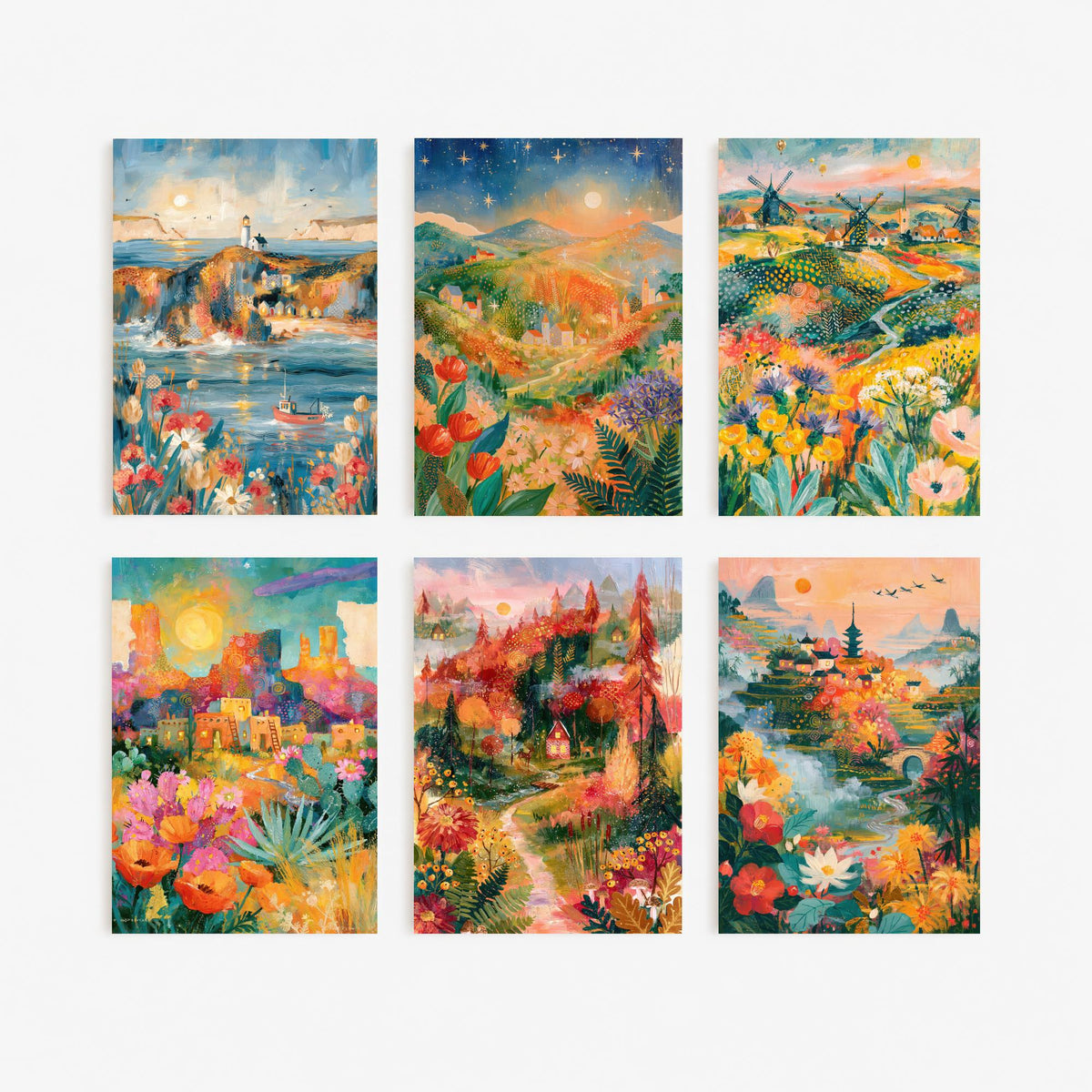 Set of Six Golden Hour Travel Paintings - 6 Folk Art Prints - Cornwall, Tuscany, Norfolk, Sedona, Vermont, Kyoto - Sunset Landscape Poster
