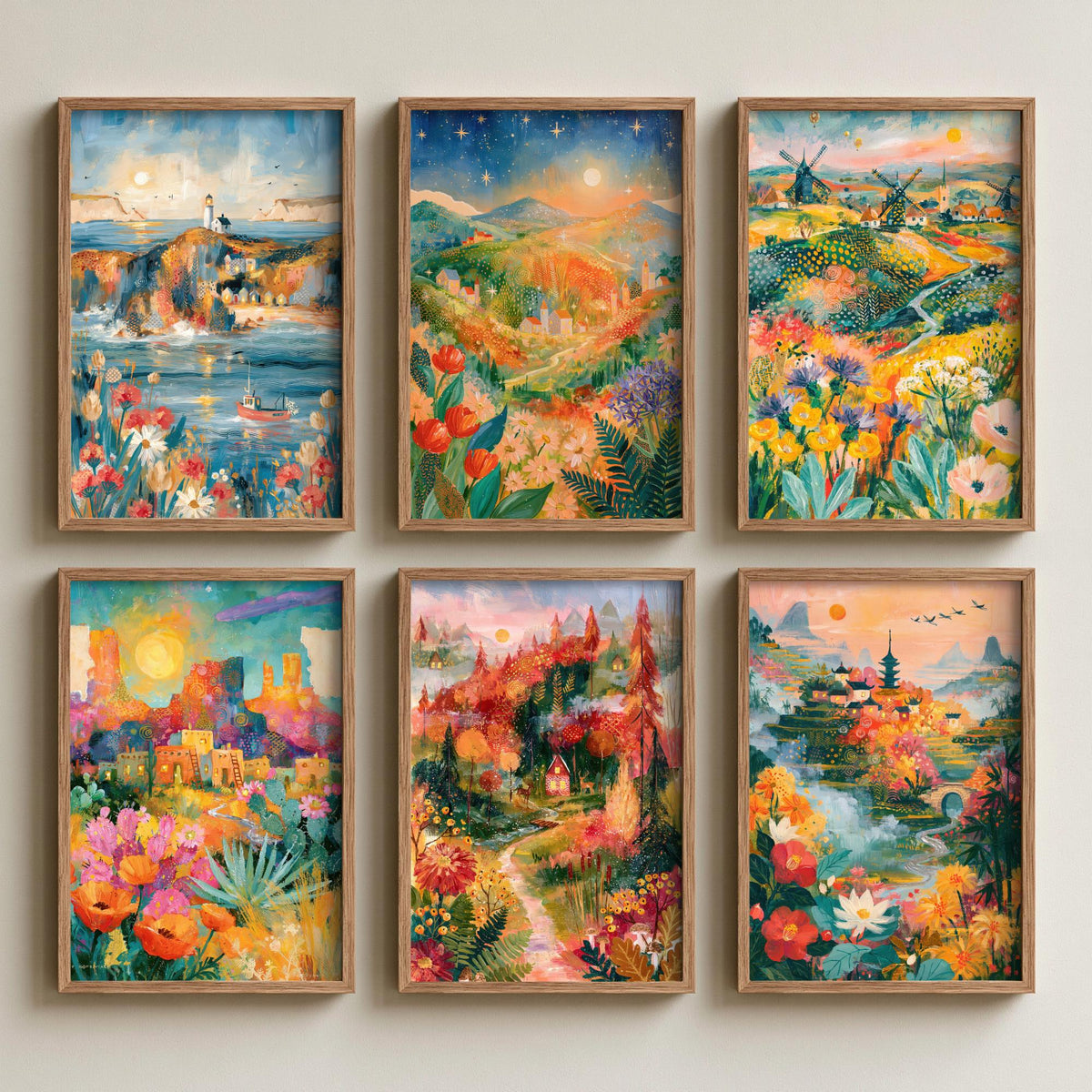 Set of Six Golden Hour Travel Paintings - 6 Folk Art Prints - Cornwall, Tuscany, Norfolk, Sedona, Vermont, Kyoto - Sunset Landscape Poster