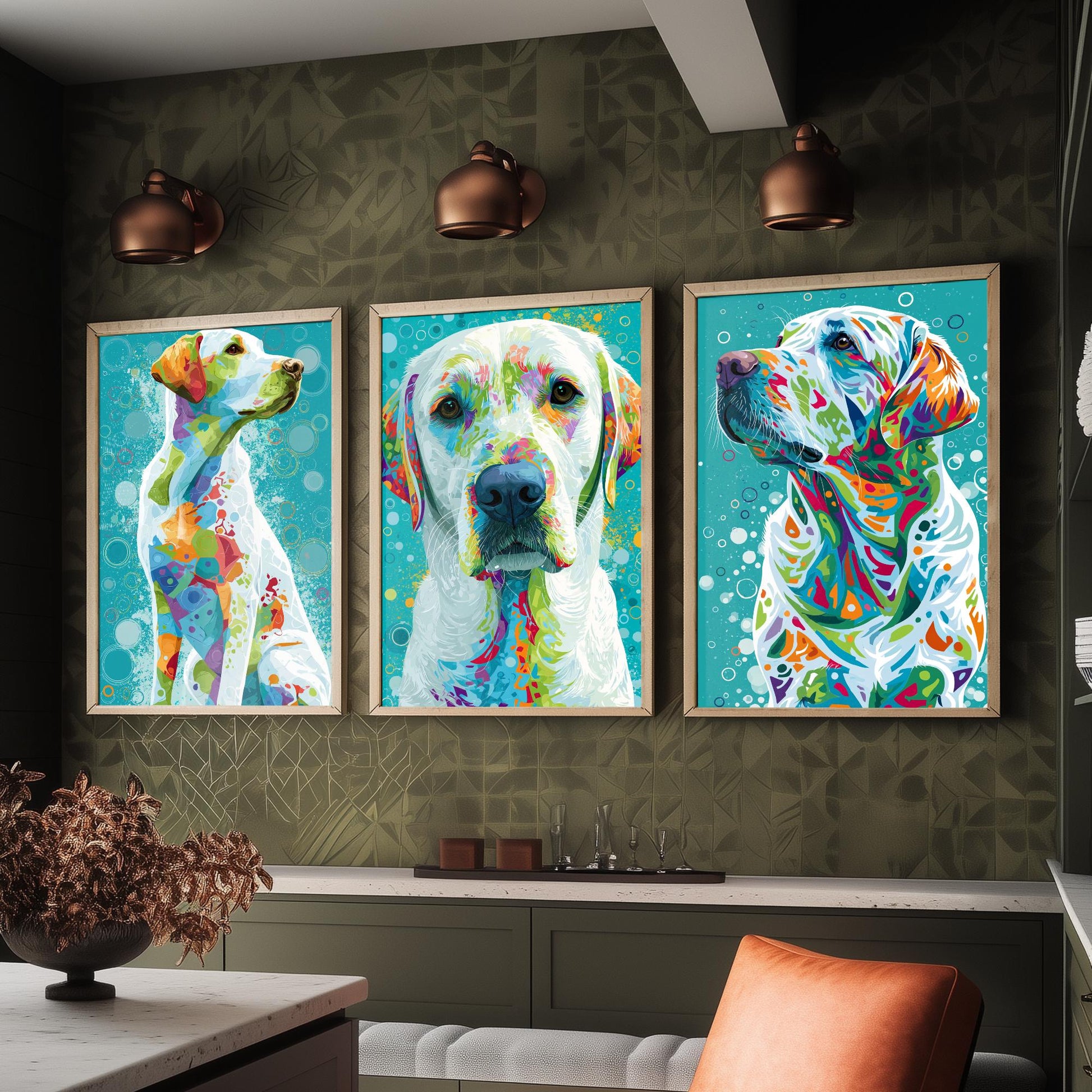 Golden Labrador Set of Three Art Prints - Colourful Dog Wall Art - Labrador Poster Painting Gift Pet Lover Decor
