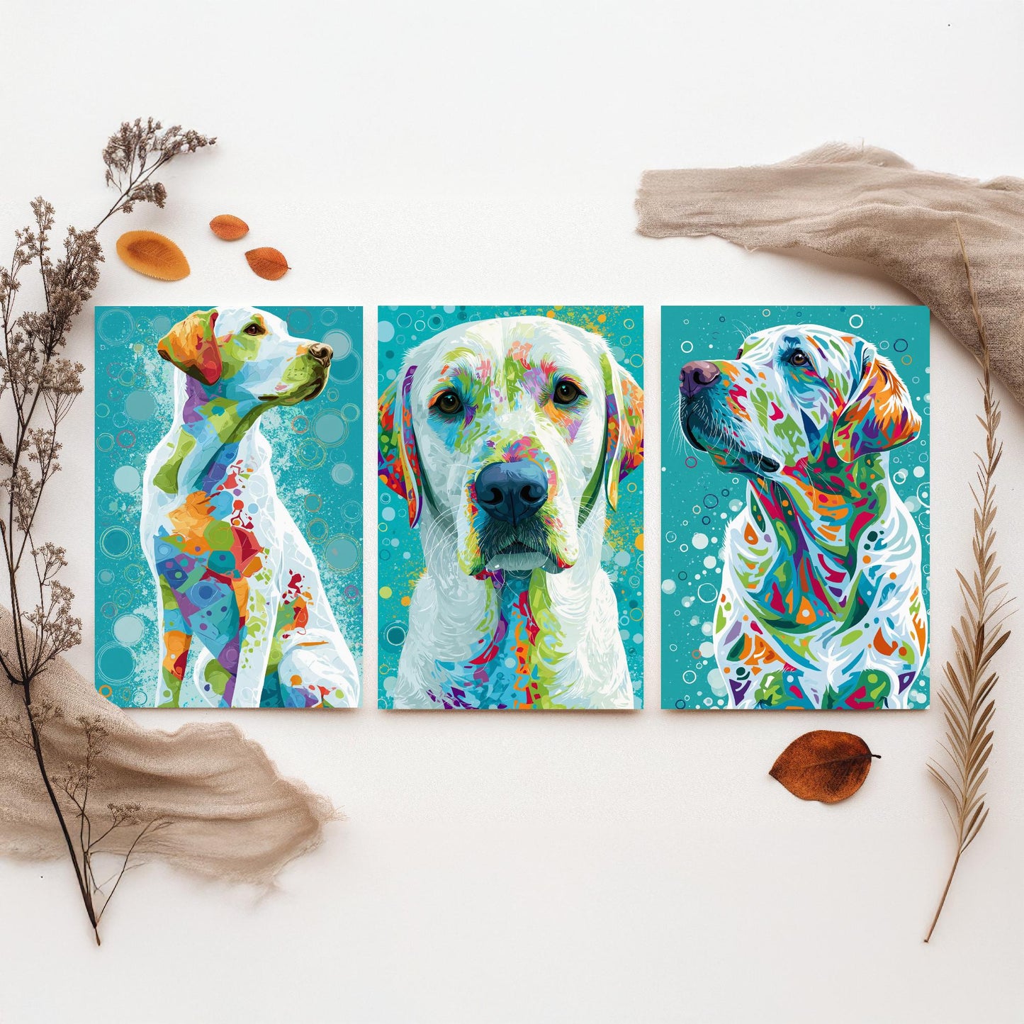 Golden Labrador Set of Three Art Prints - Colourful Dog Wall Art - Labrador Poster Painting Gift Pet Lover Decor