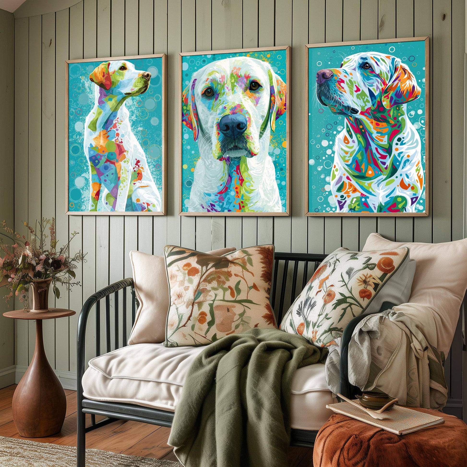 Golden Labrador Set of Three Art Prints - Colourful Dog Wall Art - Labrador Poster Painting Gift Pet Lover Decor