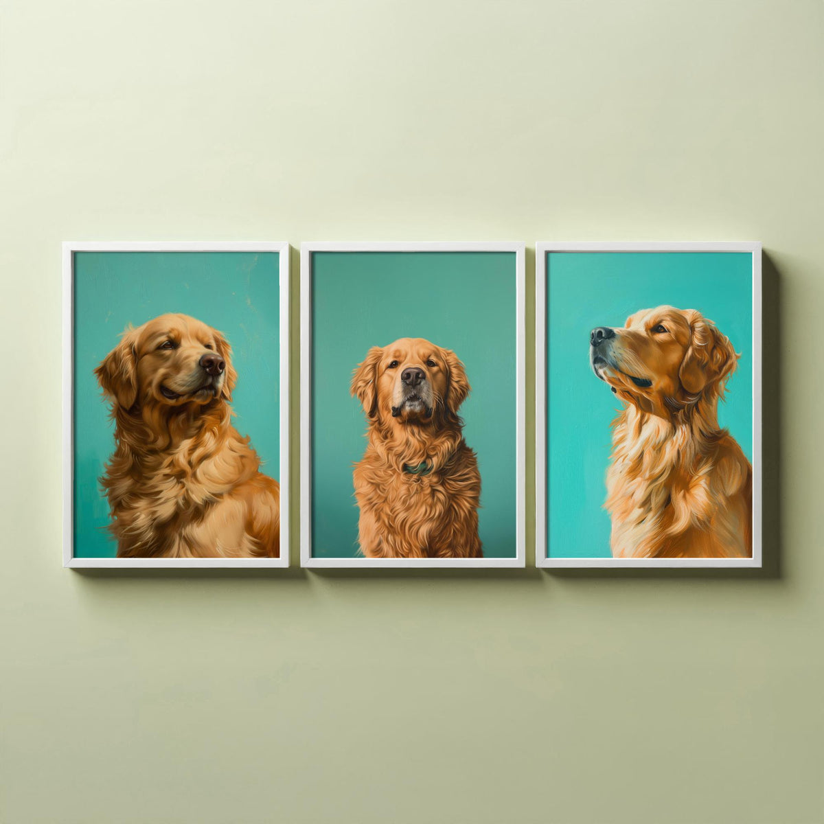 Golden Retriever Set of Three Art Prints - 3 Dog Portrait Posters - Aqua Blue Painting Wall Art Gift Pet Lover Animal Decor