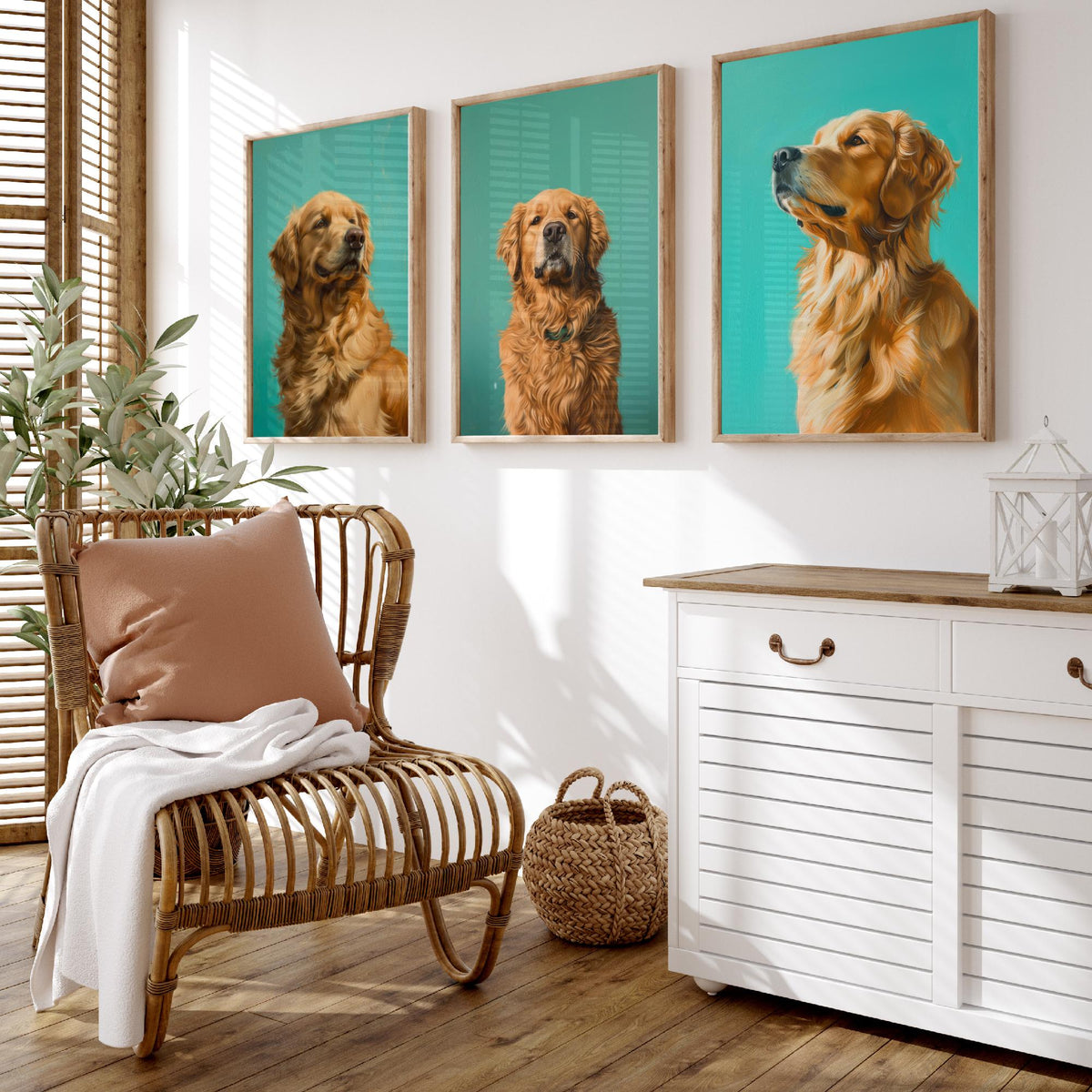 Golden Retriever Set of Three Art Prints - 3 Dog Portrait Posters - Aqua Blue Painting Wall Art Gift Pet Lover Animal Decor