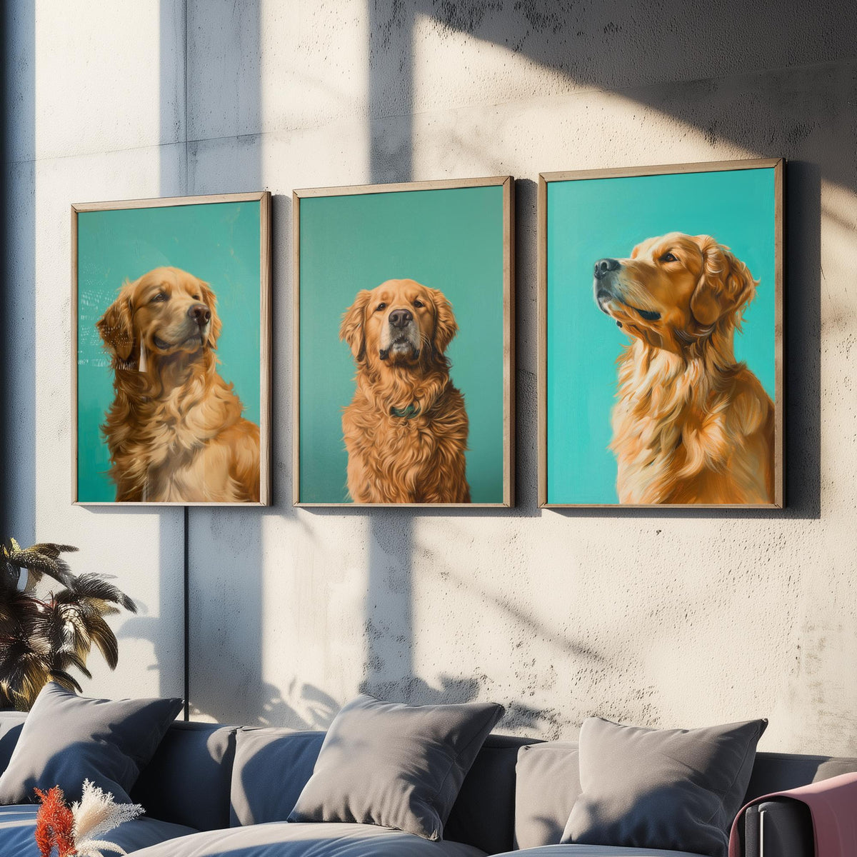 Golden Retriever Set of Three Art Prints - 3 Dog Portrait Posters - Aqua Blue Painting Wall Art Gift Pet Lover Animal Decor